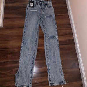 Ice Blue Distressed Split Hem Jeans